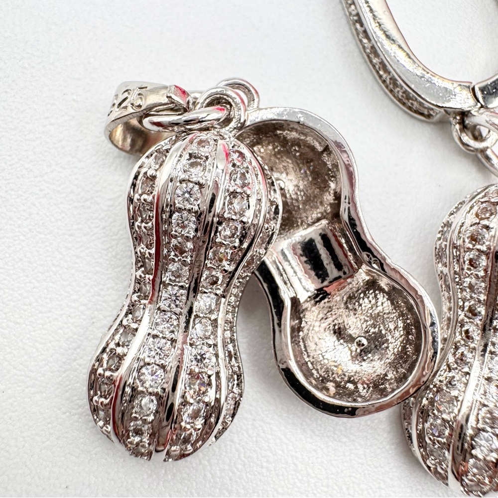 Peanut Earrings And Matching Peanut Pendant Silver Tone Stamped 925 Rhinestones - Picture 3 of 14